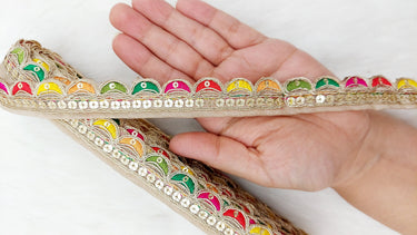 Beige Art Silk Scallop Fabric Lace Trim with Sequins and Multicolour Embroidery, Sari Border, Trim By 3 Yards